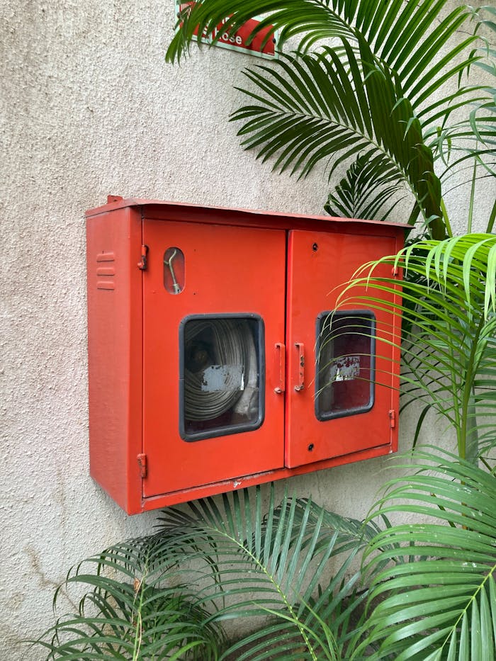 Red emergency fire hose cabinet surrounded by tropical plants outdoors.